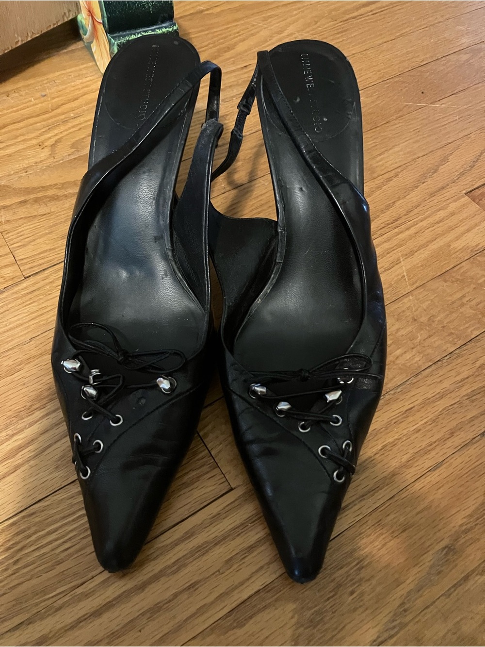 Black Pointed Lace-Up Slingback Heels